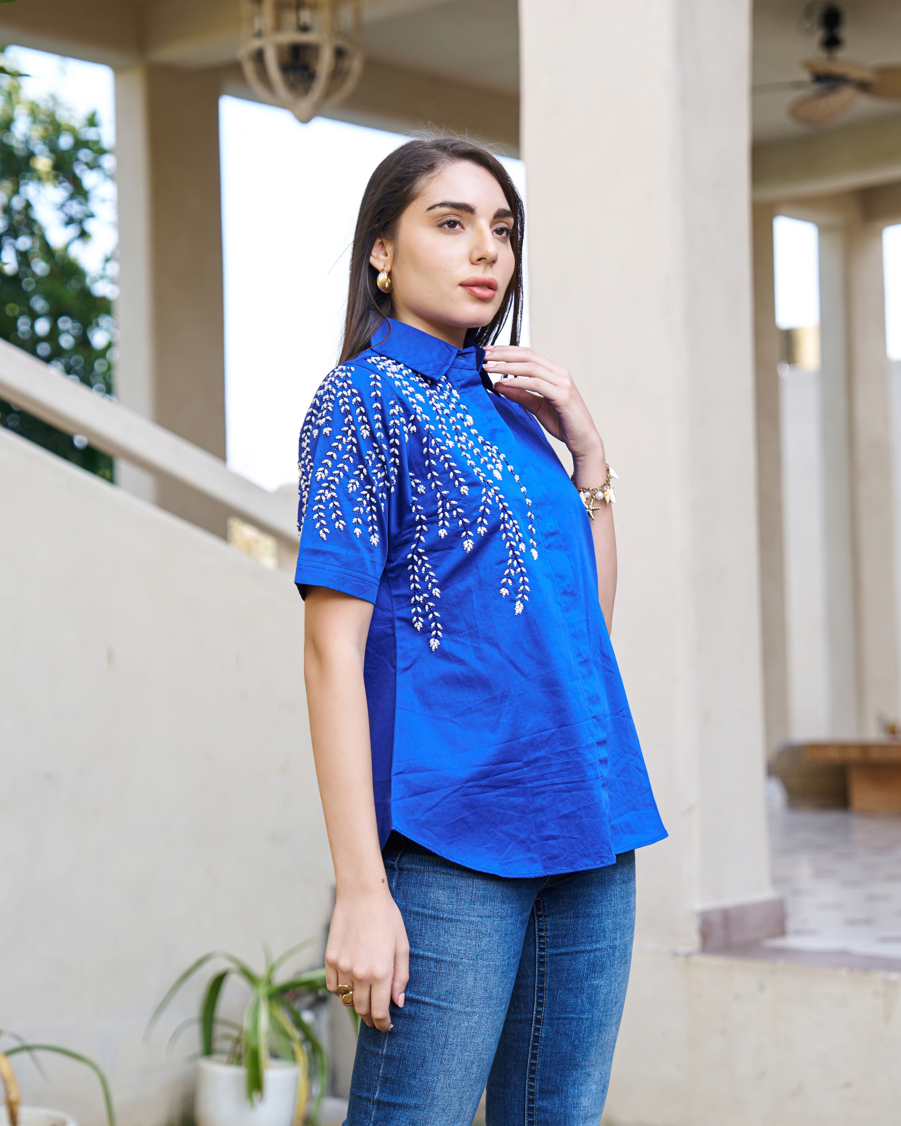 Elegant Blue Embellished Short Sleeve Cotton Top
