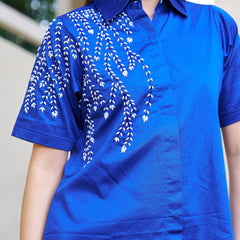 Elegant Blue Embellished Short Sleeve Cotton Top