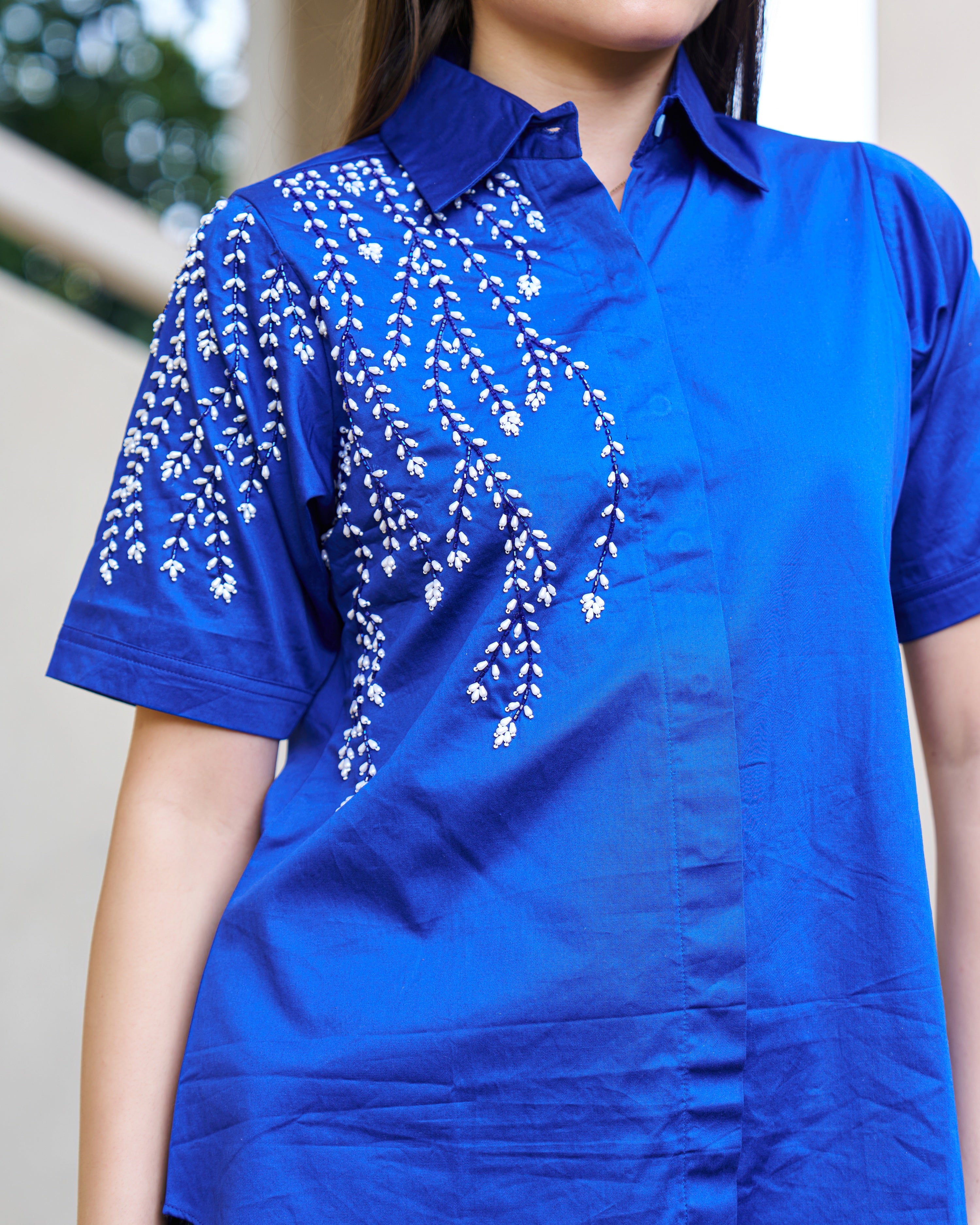 Elegant Blue Embellished Short Sleeve Cotton Top
