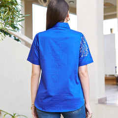 Elegant Blue Embellished Short Sleeve Cotton Top