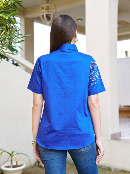 Elegant Blue Embellished Short Sleeve Cotton Top