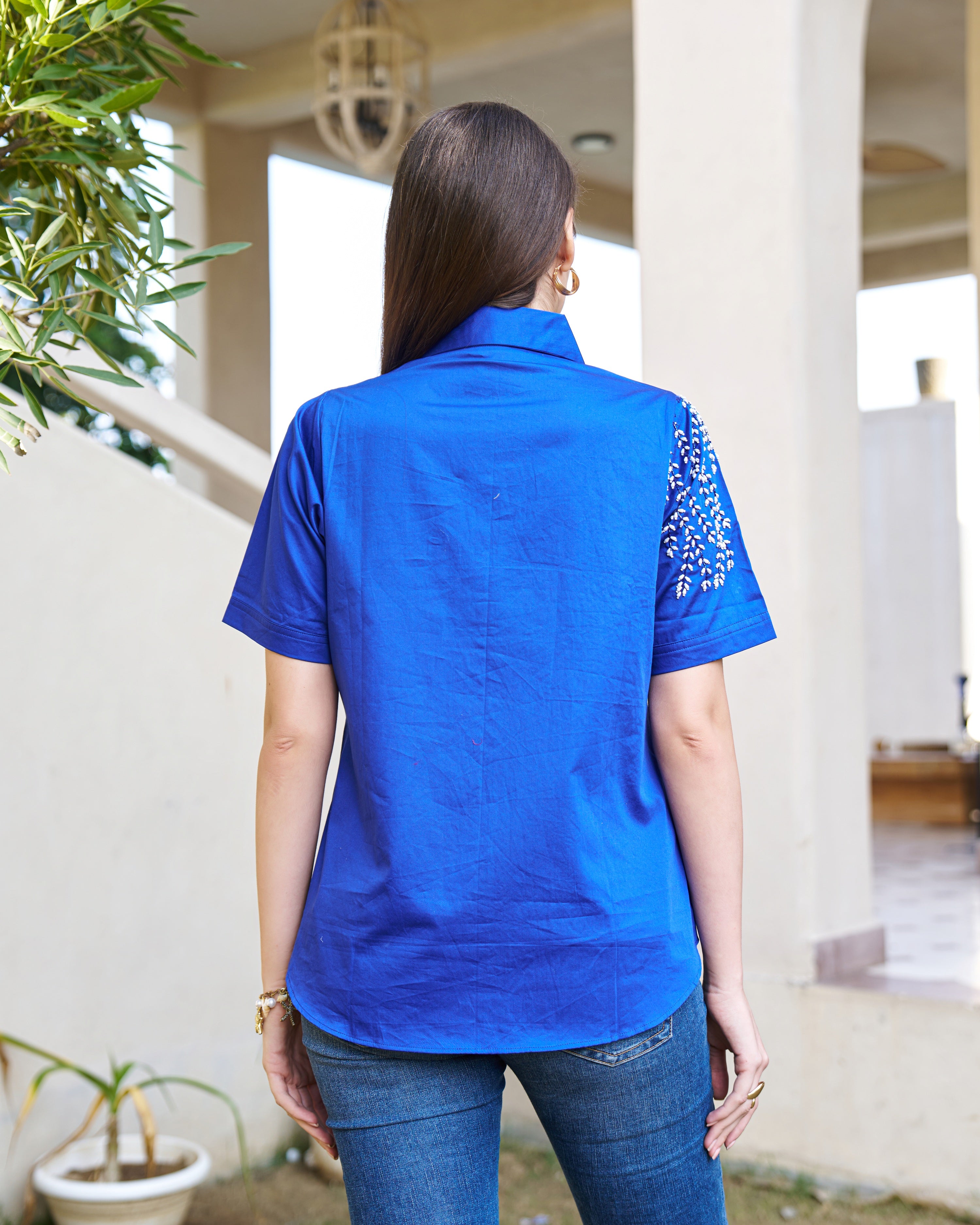 Elegant Blue Embellished Short Sleeve Cotton Top