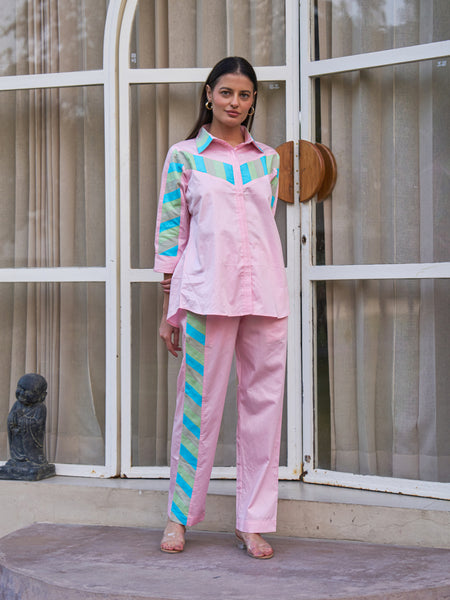 Pastel Pink Multicolor Stripe Detail Co-ord Set for Women
