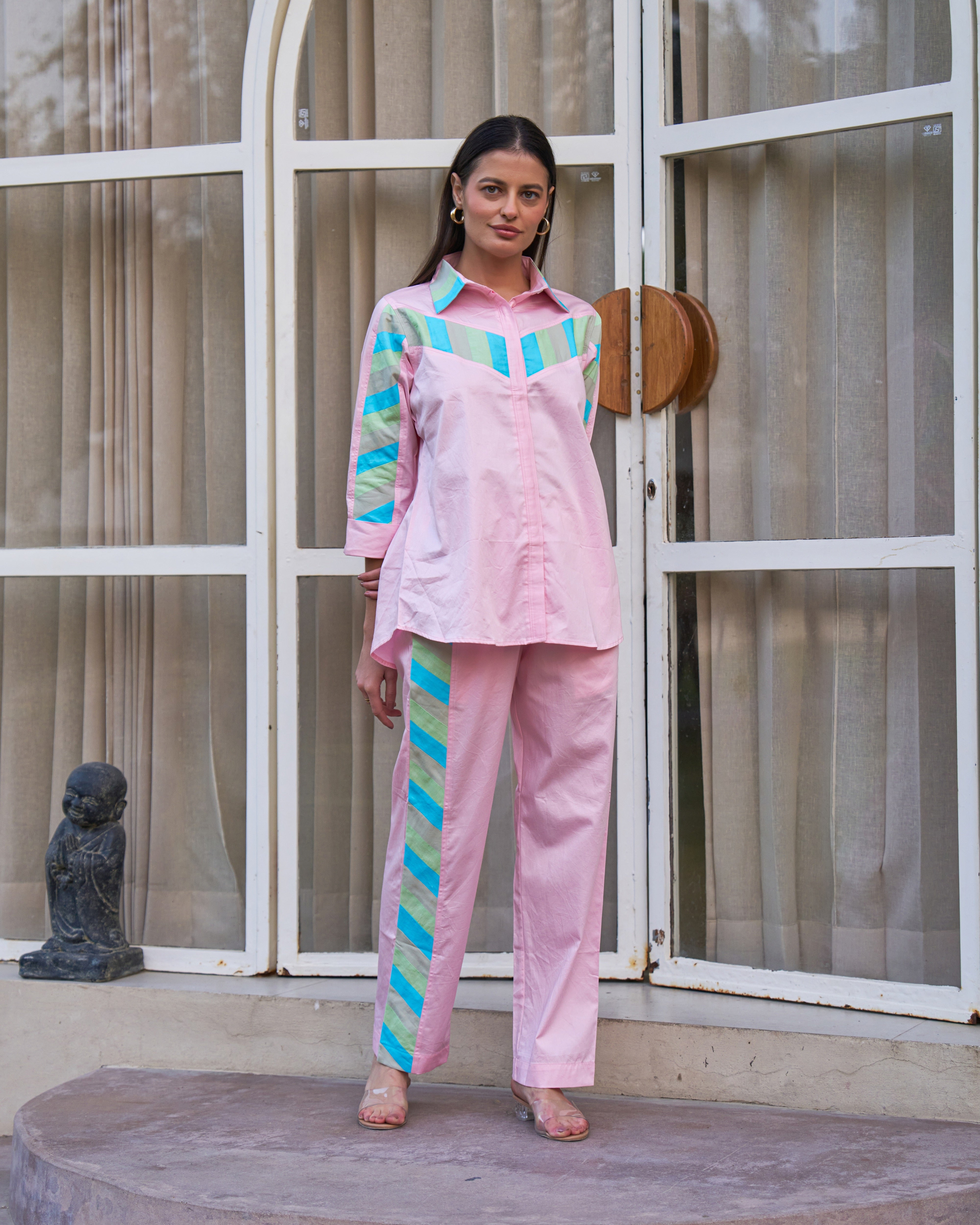 Pastel Pink Multicolor Stripe Detail Co-ord Set for Women