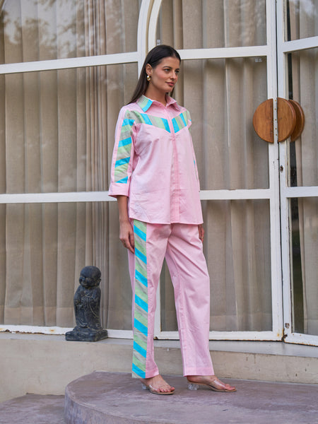 Pastel Pink Multicolor Stripe Detail Co-ord Set for Women