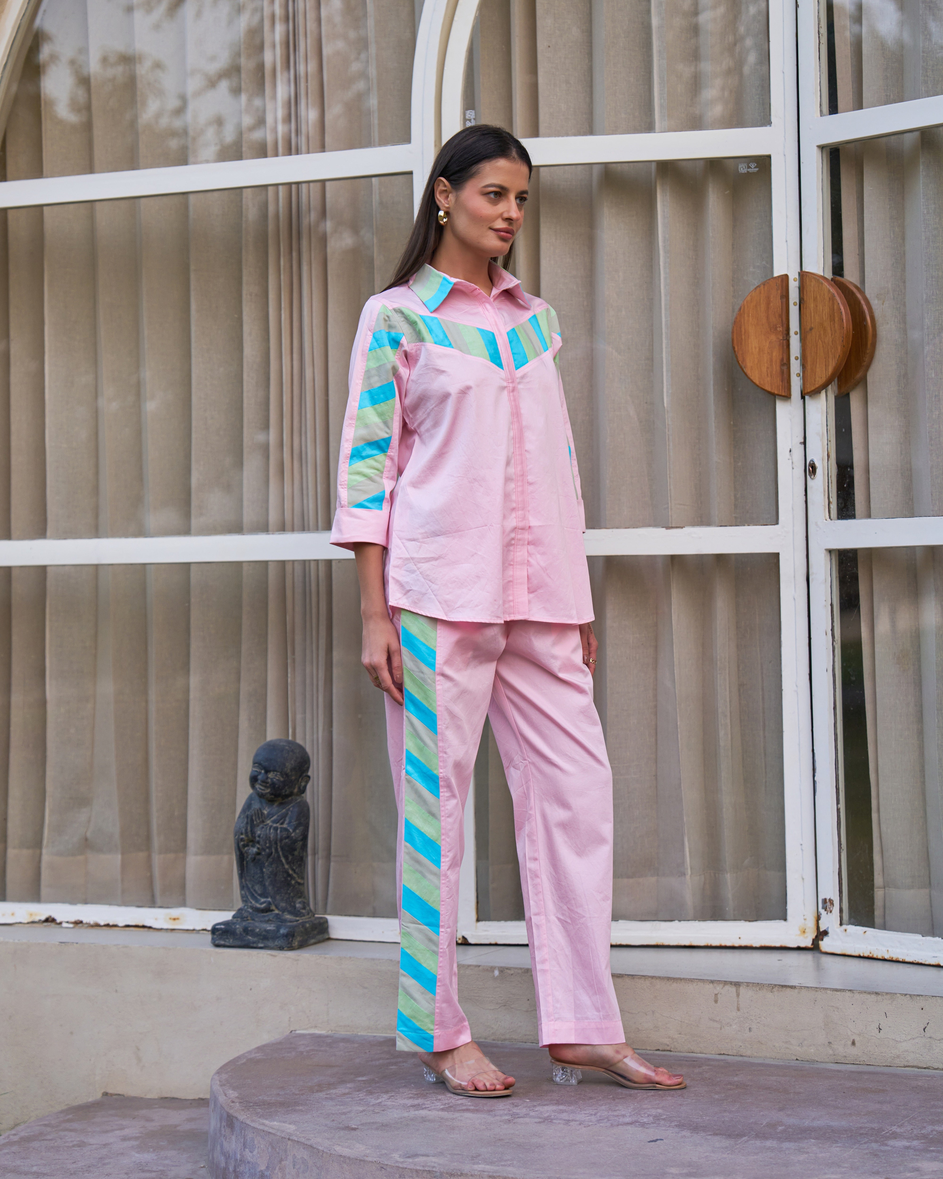 Pastel Pink Multicolor Stripe Detail Co-ord Set for Women