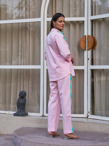 Pastel Pink Multicolor Stripe Detail Co-ord Set for Women