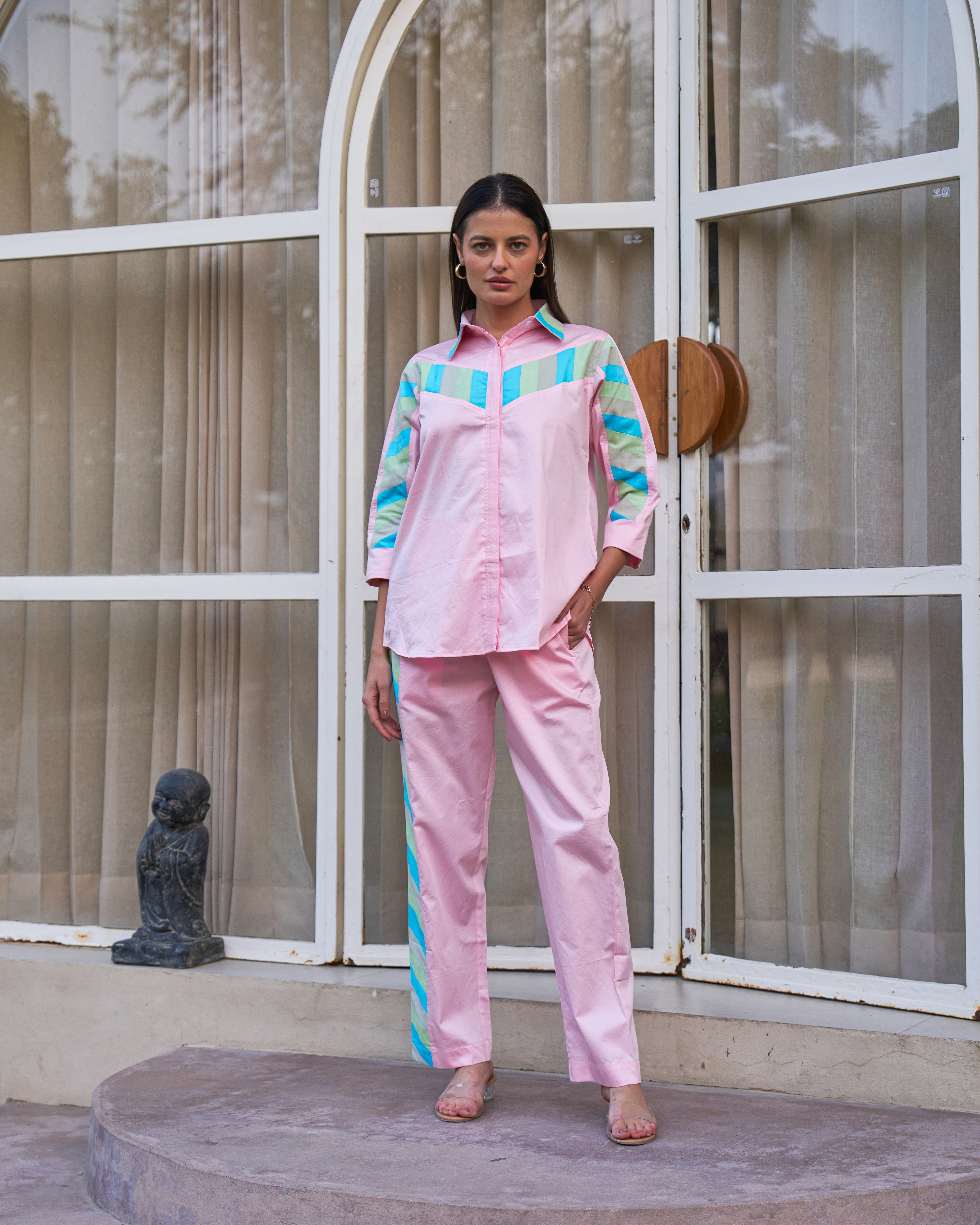 Pastel Pink Multicolor Stripe Detail Co-ord Set for Women