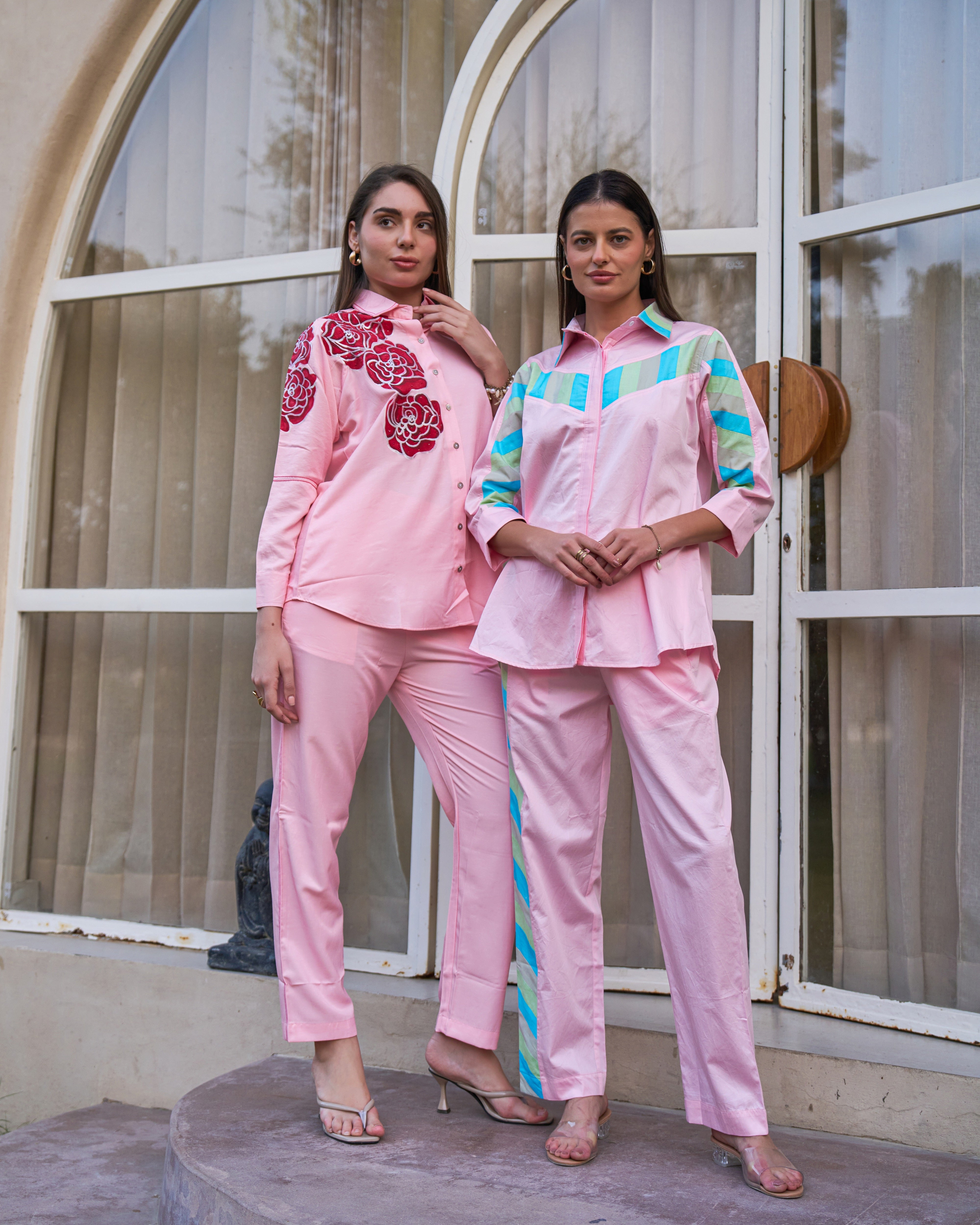 Pastel Pink Multicolor Stripe Detail Co-ord Set for Women