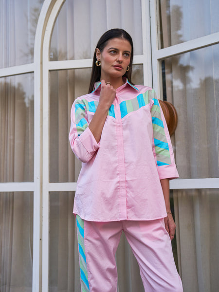 Pastel Pink Multicolor Stripe Detail Co-ord Set for Women