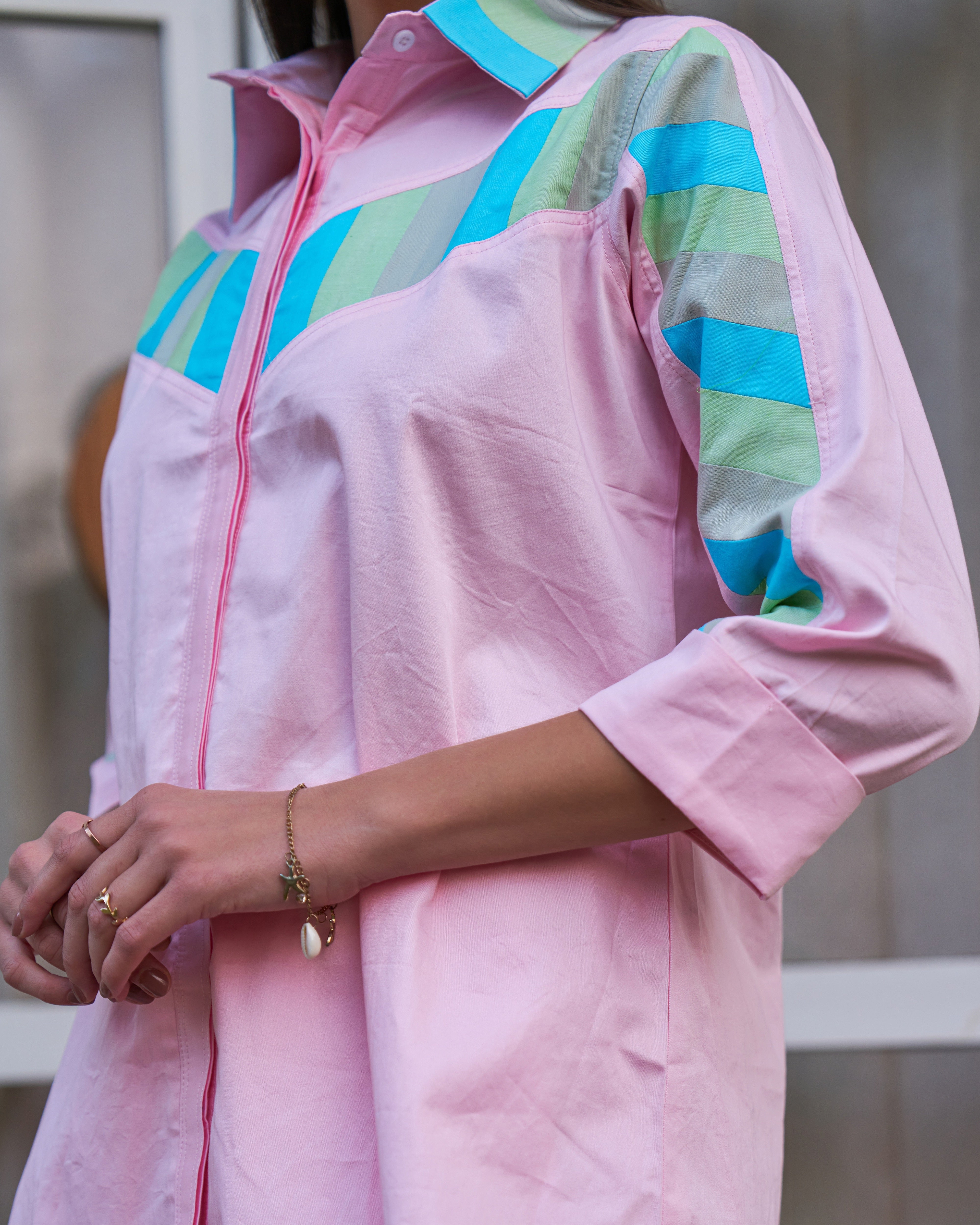 Pastel Pink Multicolor Stripe Detail Co-ord Set for Women