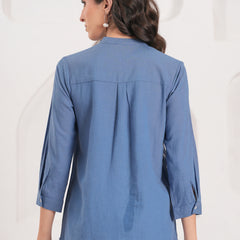 Blue Half-Embroidered Casual Cotton Shirt