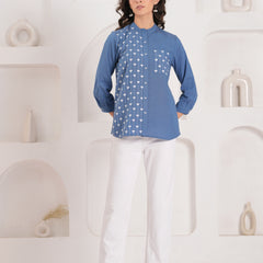 Blue Half-Embroidered Casual Cotton Shirt