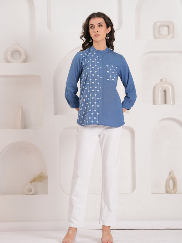 Blue Half-Embroidered Casual Cotton Shirt