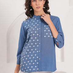 Blue Half-Embroidered Casual Cotton Shirt