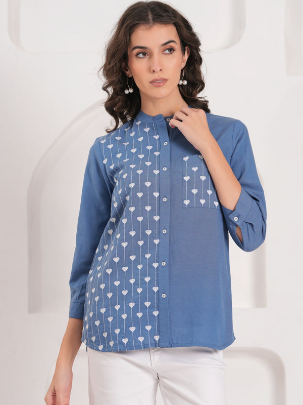 Blue Half-Embroidered Casual Cotton Shirt