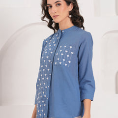 Blue Half-Embroidered Casual Cotton Shirt