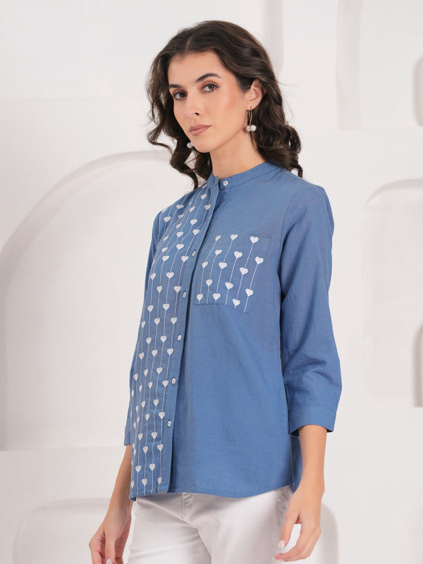 Blue Half-Embroidered Casual Cotton Shirt