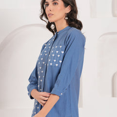 Blue Half-Embroidered Casual Cotton Shirt