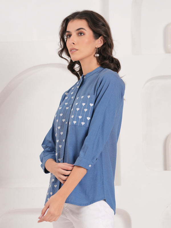 Blue Half-Embroidered Casual Cotton Shirt
