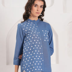 Blue Half-Embroidered Casual Cotton Shirt
