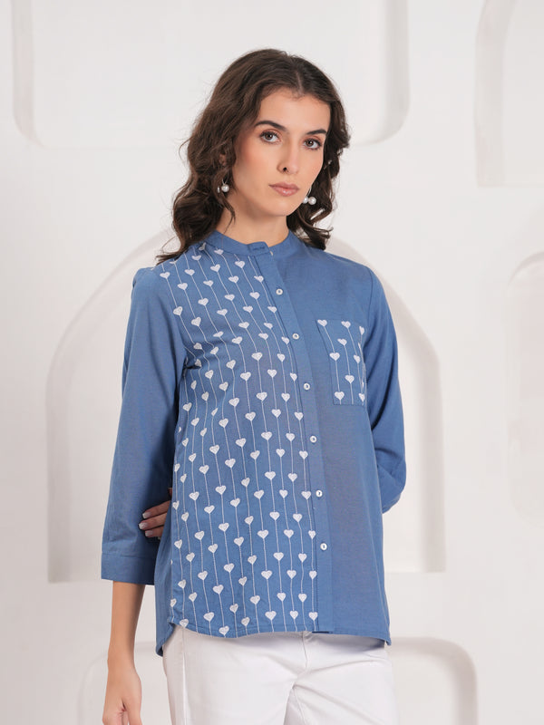 Blue Half-Embroidered Casual Cotton Shirt