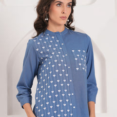 Blue Half-Embroidered Casual Cotton Shirt