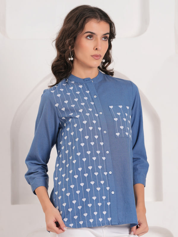 Blue Half-Embroidered Casual Cotton Shirt