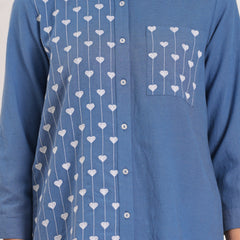 Blue Half-Embroidered Casual Cotton Shirt