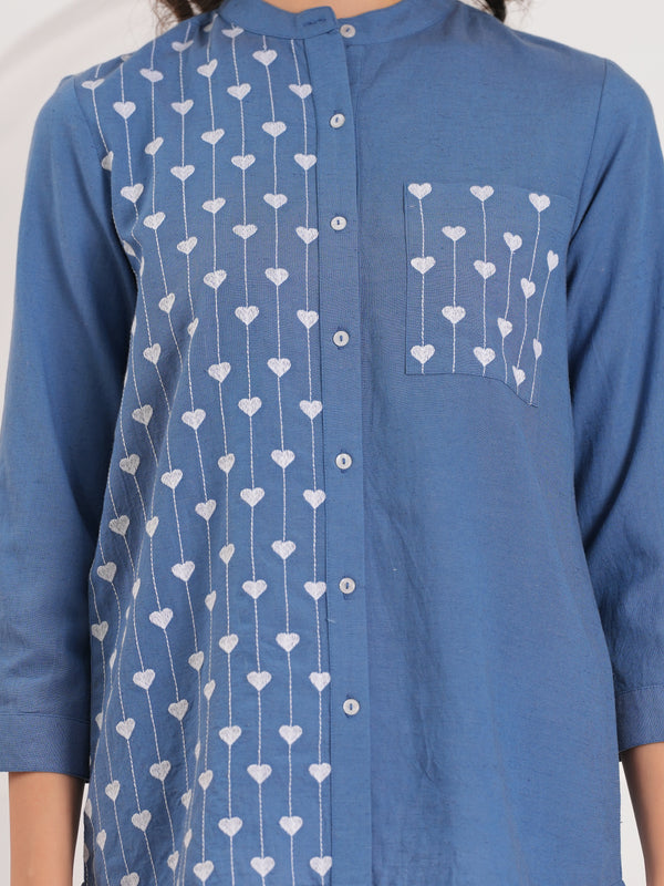 Blue Half-Embroidered Casual Cotton Shirt