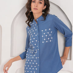 Blue Half-Embroidered Casual Cotton Shirt