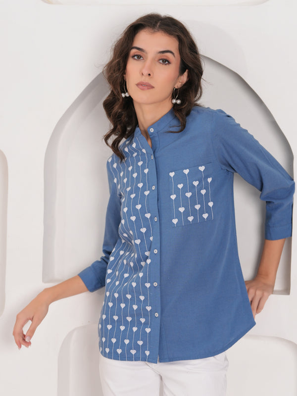 Blue Half-Embroidered Casual Cotton Shirt