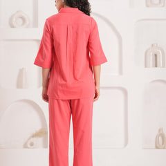 Soft pink Cotton Embroidered Co-Ord Set with Collar Neck Tunic