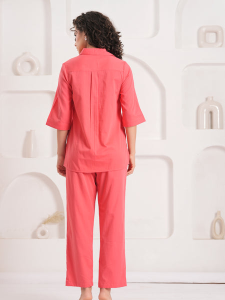 Soft pink Cotton Embroidered Co-Ord Set with Collar Neck Tunic