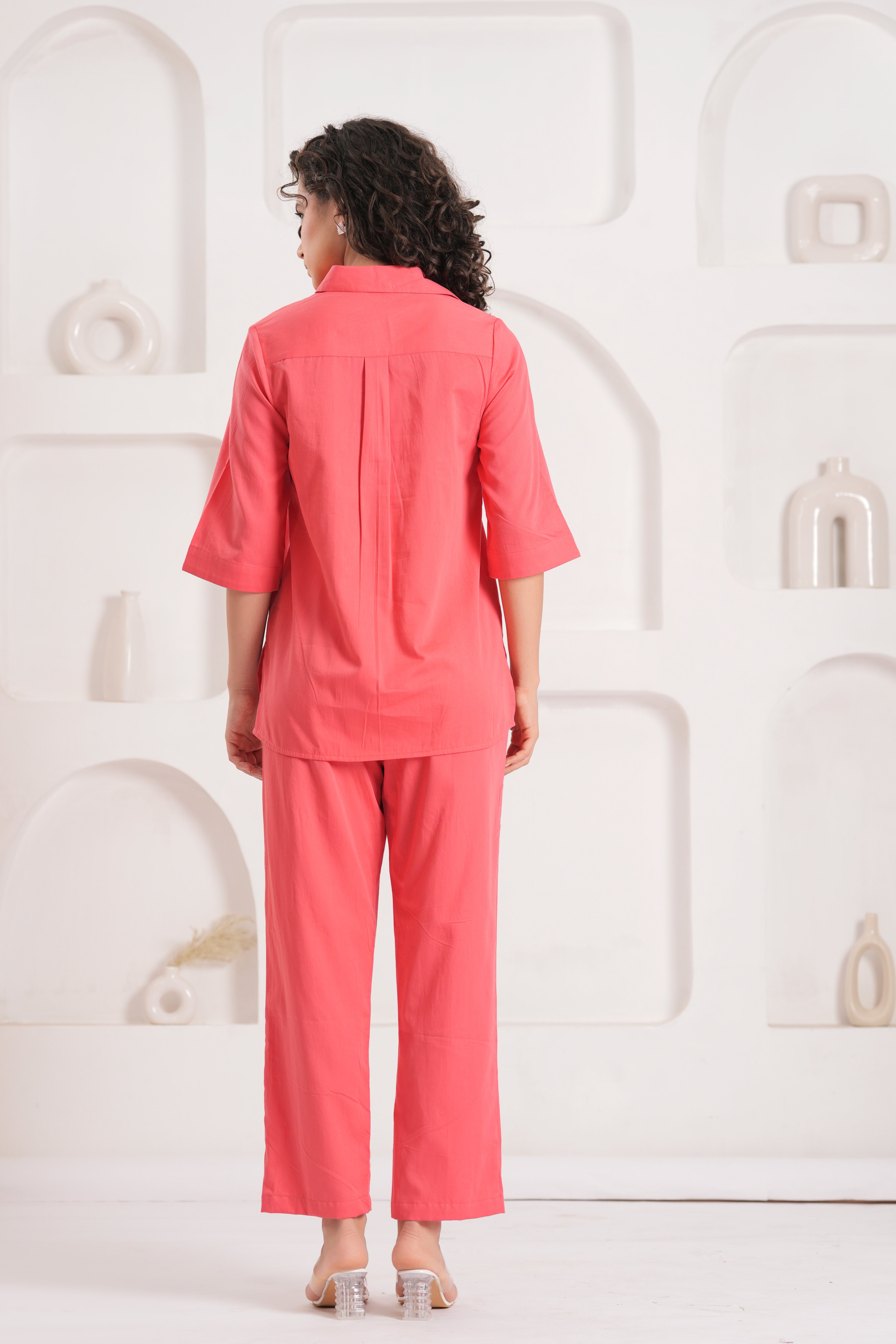 Soft pink Cotton Embroidered Co-Ord Set with Collar Neck Tunic