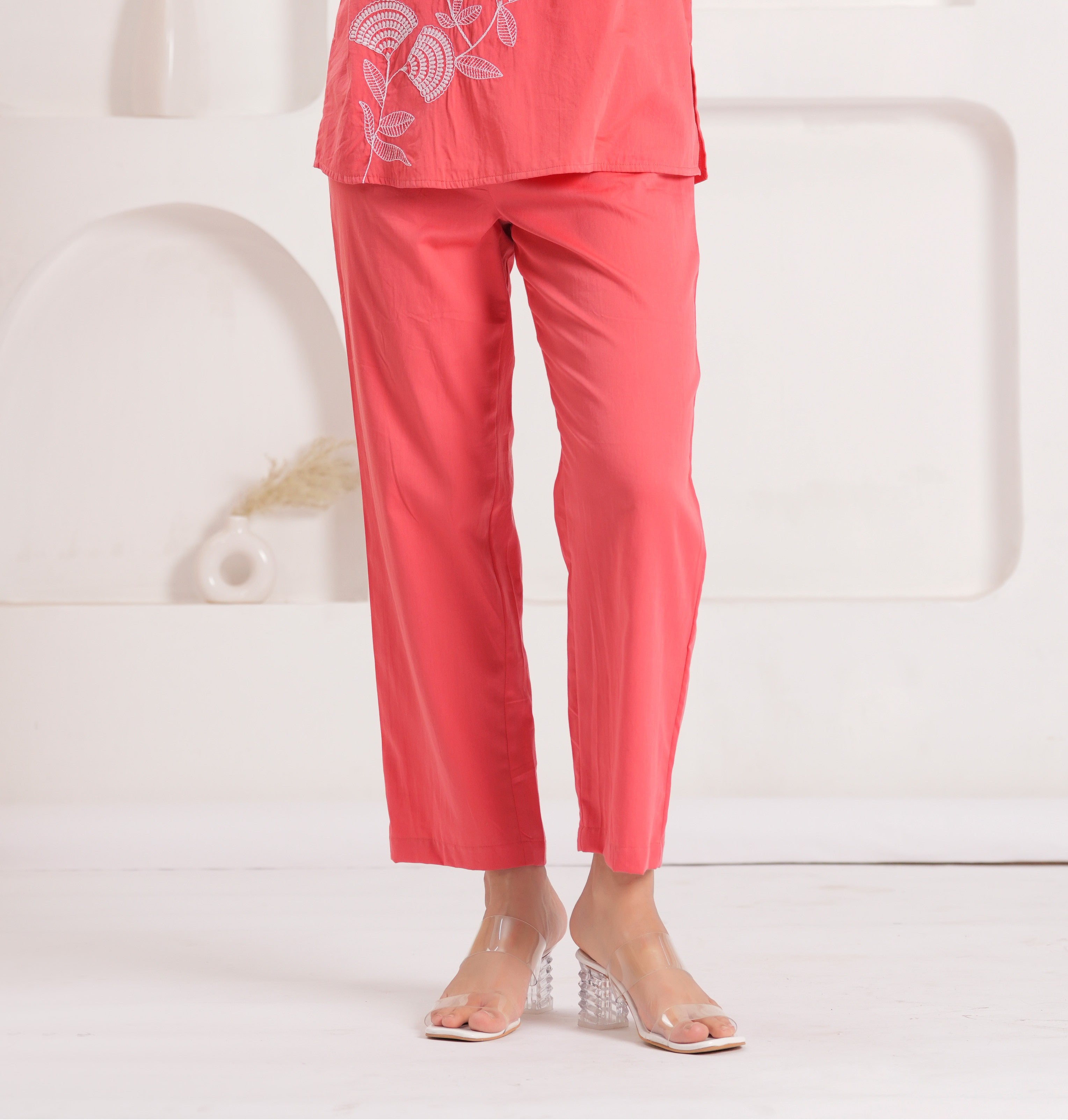 Soft pink Cotton Embroidered Co-Ord Set with Collar Neck Tunic