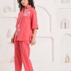 Soft pink Cotton Embroidered Co-Ord Set with Collar Neck Tunic