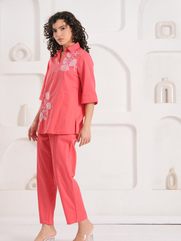 Soft pink Cotton Embroidered Co-Ord Set with Collar Neck Tunic