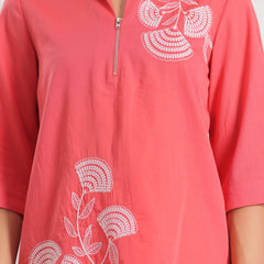 Soft pink Cotton Embroidered Co-Ord Set with Collar Neck Tunic