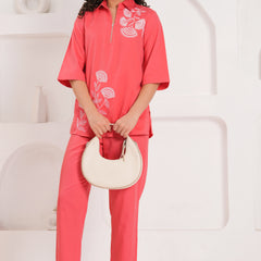 Soft pink Cotton Embroidered Co-Ord Set with Collar Neck Tunic