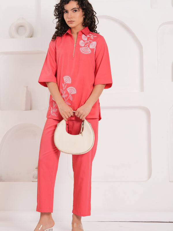Soft pink Cotton Embroidered Co-Ord Set with Collar Neck Tunic
