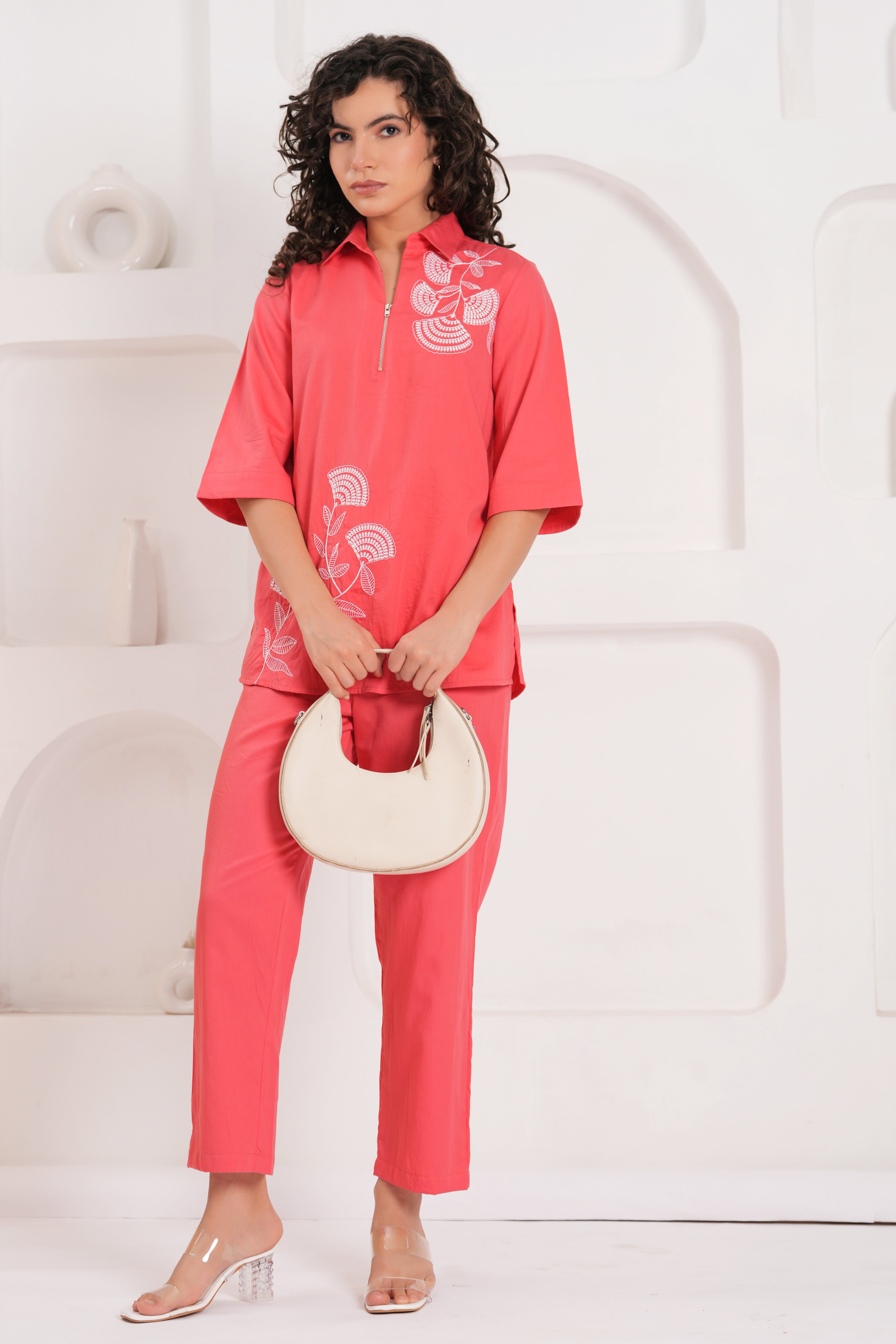 Soft pink Cotton Embroidered Co-Ord Set with Collar Neck Tunic