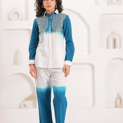 White & Blue Embroidered Cotton Co-ord Set