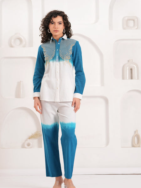 White & Blue Embroidered Cotton Co-ord Set