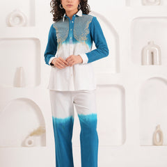 White & Blue Embroidered Cotton Co-ord Set