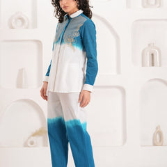 White & Blue Embroidered Cotton Co-ord Set