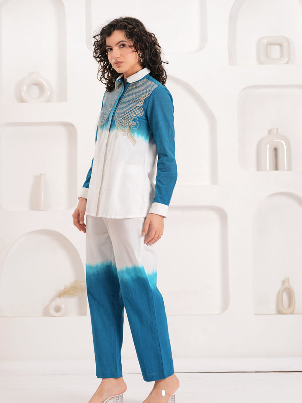 White & Blue Embroidered Cotton Co-ord Set