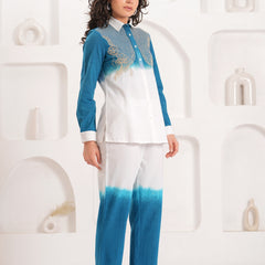 White & Blue Embroidered Cotton Co-ord Set