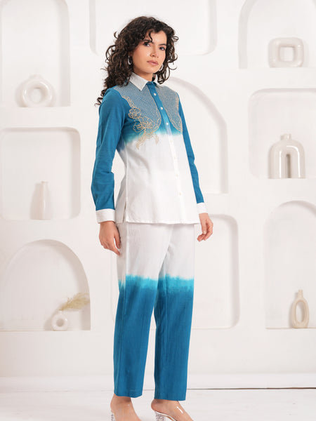 White & Blue Embroidered Cotton Co-ord Set