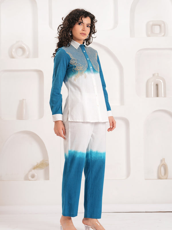 White & Blue Embroidered Cotton Co-ord Set